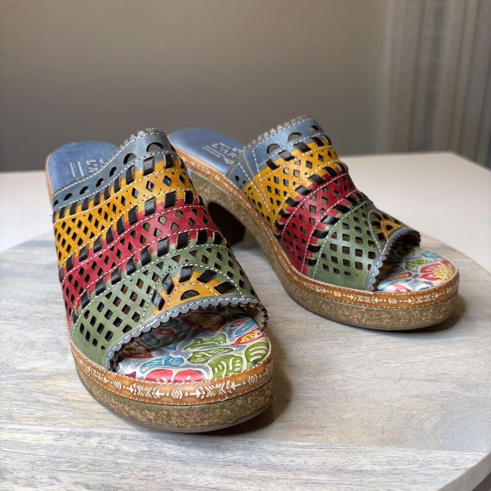 L'Artiste Spring Step Guayas Multicolor Painted Cut Leather Slide Heels Size 7‎